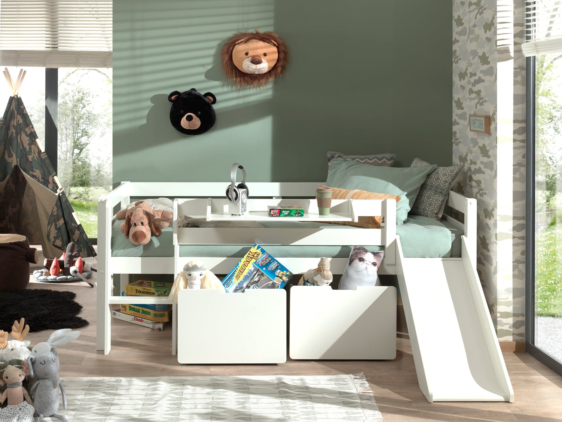 Pat etajat din lemn, cu 2 sertare, raft si tobogan pentru copii, Pino Alb, 200 x 90 cm