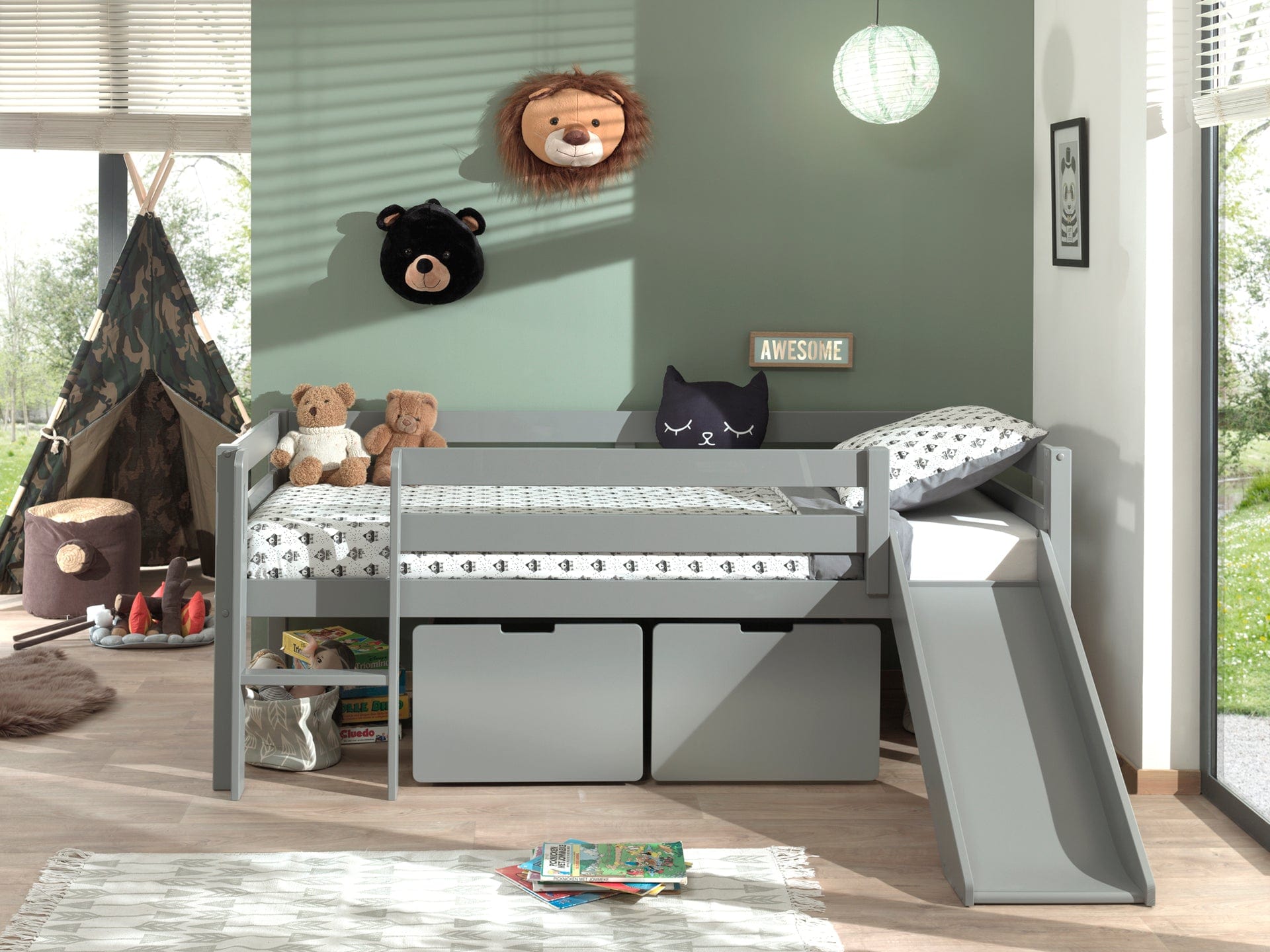 Pat etajat din lemn, cu 2 sertare si tobogan pentru copii, Pino Gri, 200 x 90 cm