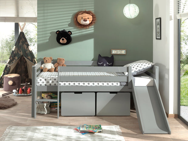 Pat etajat din lemn, cu 2 sertare si tobogan pentru copii, Pino Gri, 200 x 90 cm