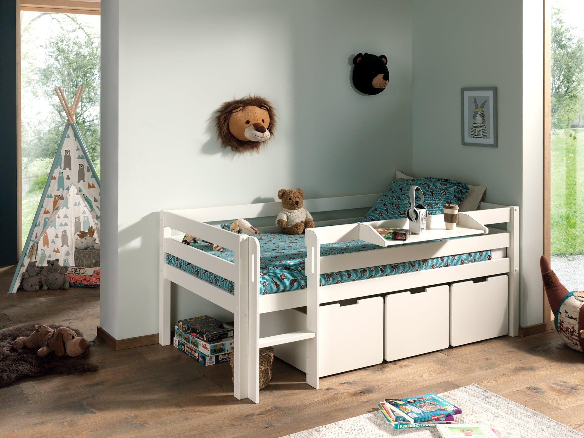 Pat etajat din lemn, cu 3 sertare si raft pentru copii, Pino Alb, 200 x 90 cm