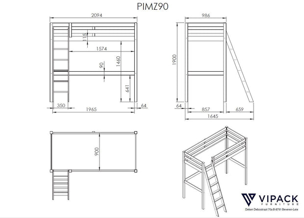 Pat etajat din lemn, cu fotoliu extensibil si cabinet, pentru copii, Pino Mezzanine Alb (1)