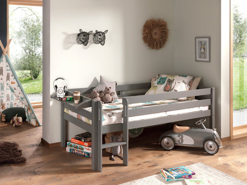 Pat etajat din lemn, cu raft pentru copii, Pino Gri, 200 x 90 cm