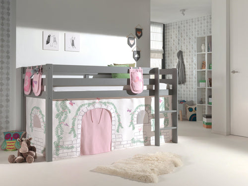 Pat etajat din lemn, cu spatiu de joaca pentru copii, Pino Birdy Pocket Gri, 200 x 90 cm