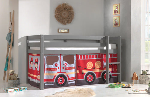Pat etajat din lemn, cu spatiu de joaca pentru copii, Pino Fire Truck Gri, 200 x 90 cm