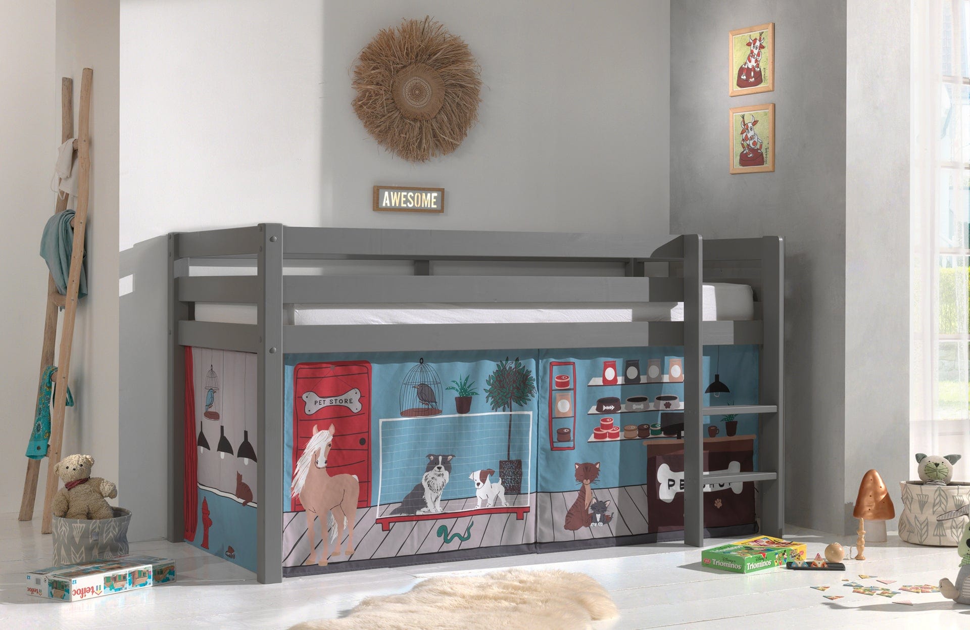 Pat etajat din lemn, cu spatiu de joaca pentru copii, Pino Pet Gri, 200 x 90 cm