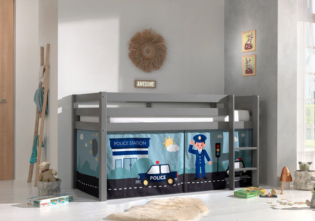 Pat etajat din lemn, cu spatiu de joaca pentru copii, Pino Police Gri, 200 x 90 cm