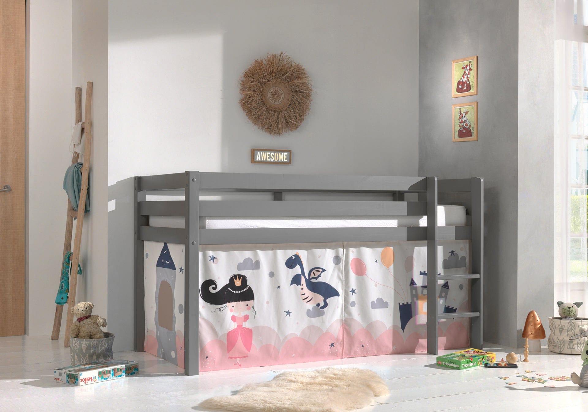 Pat etajat din lemn, cu spatiu de joaca pentru copii, Pino Princess Sophie Gri, 200 x 90 cm