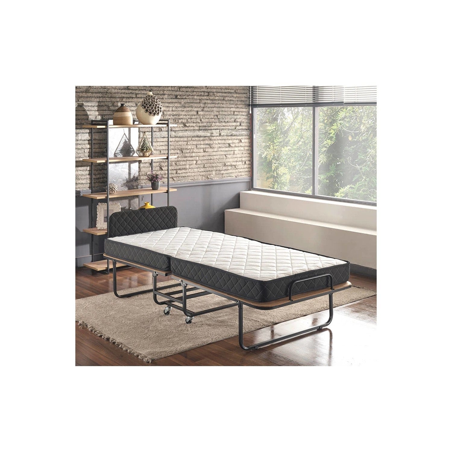 Asir Pat pliant metalic cu saltea inclusa, Katla Negru, 200 x 90 cm