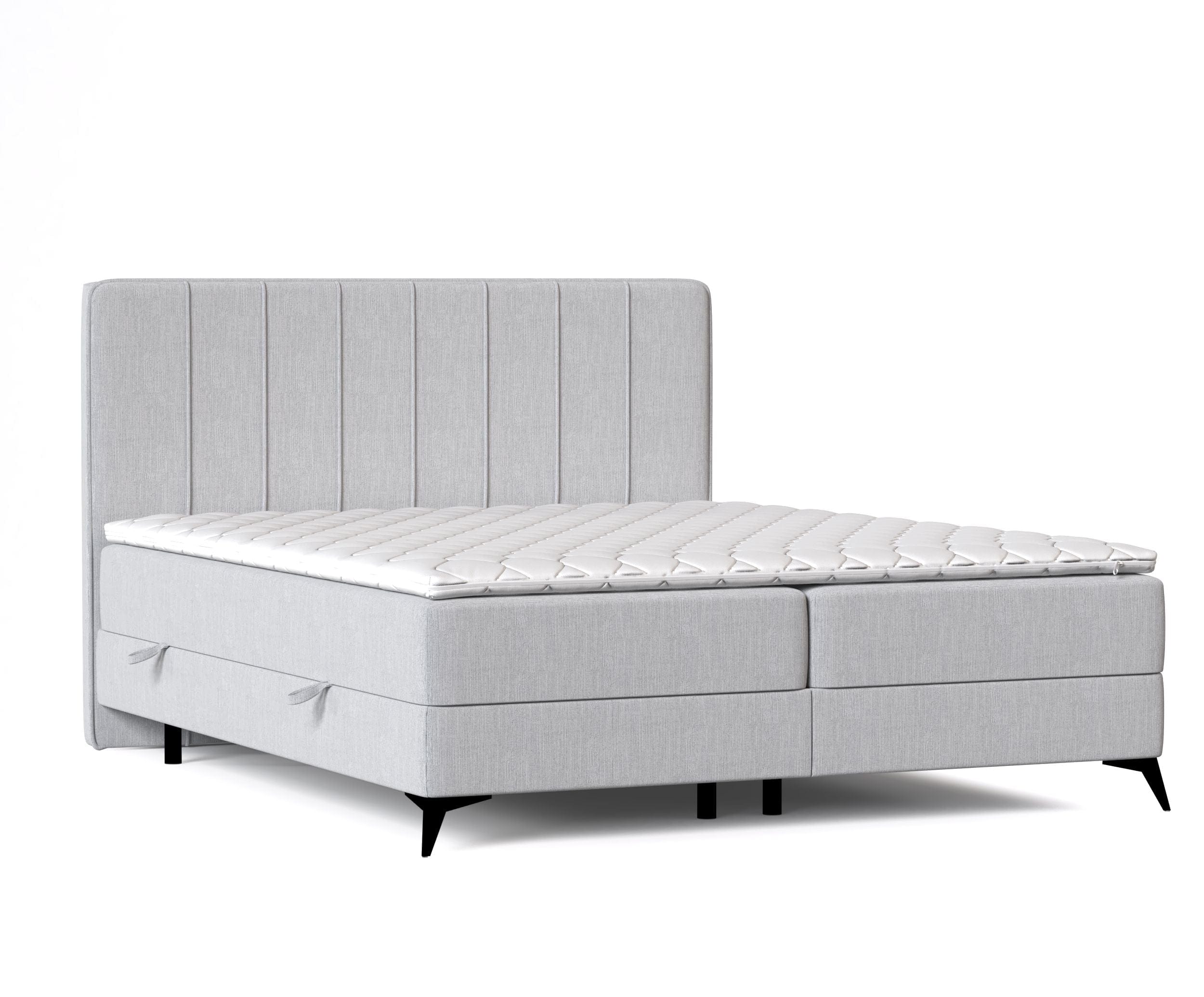 Pat rabatabil cu lada de depozitare, tapitat cu stofa, Aggaz Boxspring Gri Deschis