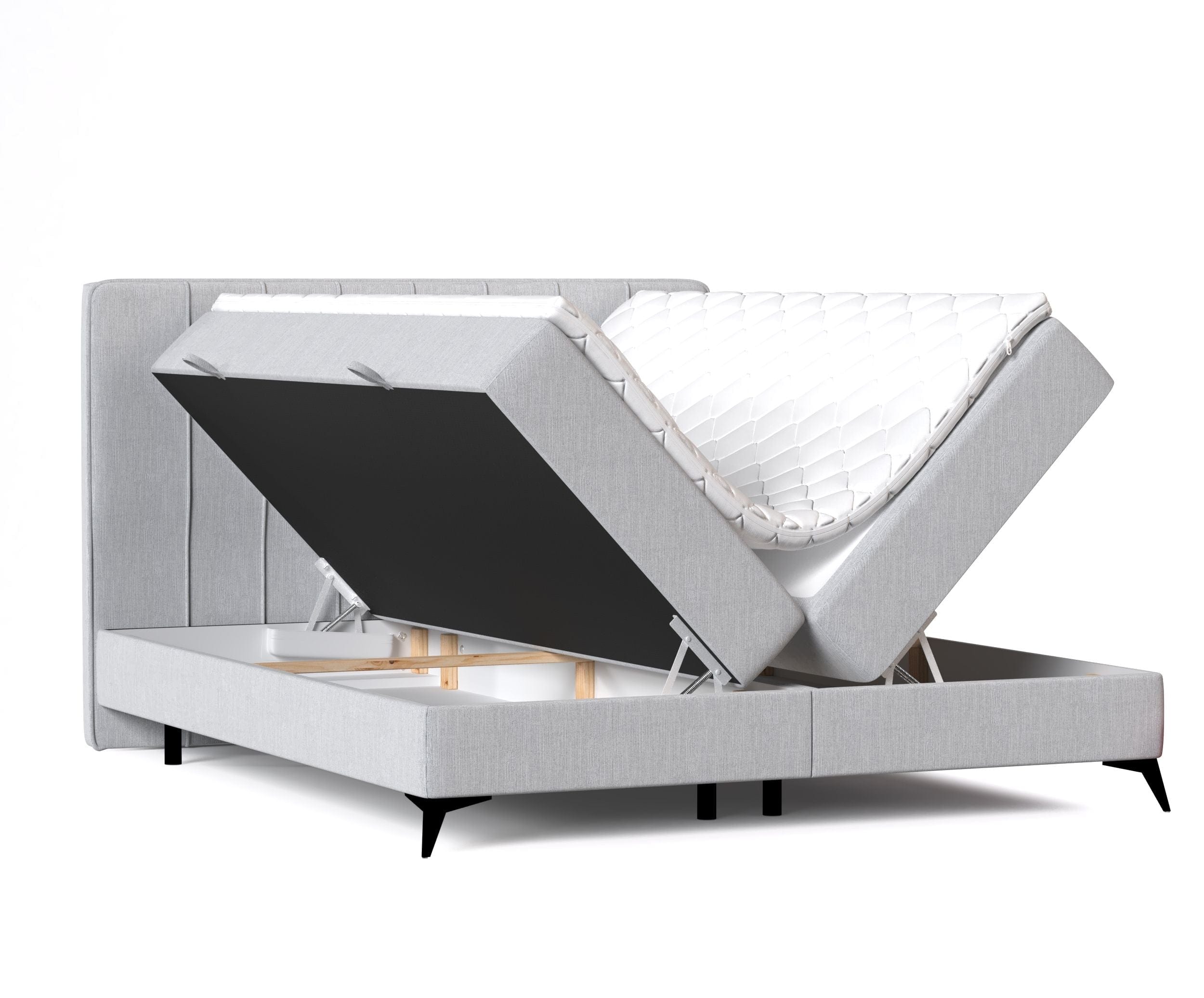 Johnsonstyle Pat rabatabil cu lada de depozitare, tapitat cu stofa, Aggaz Boxspring Gri Deschis