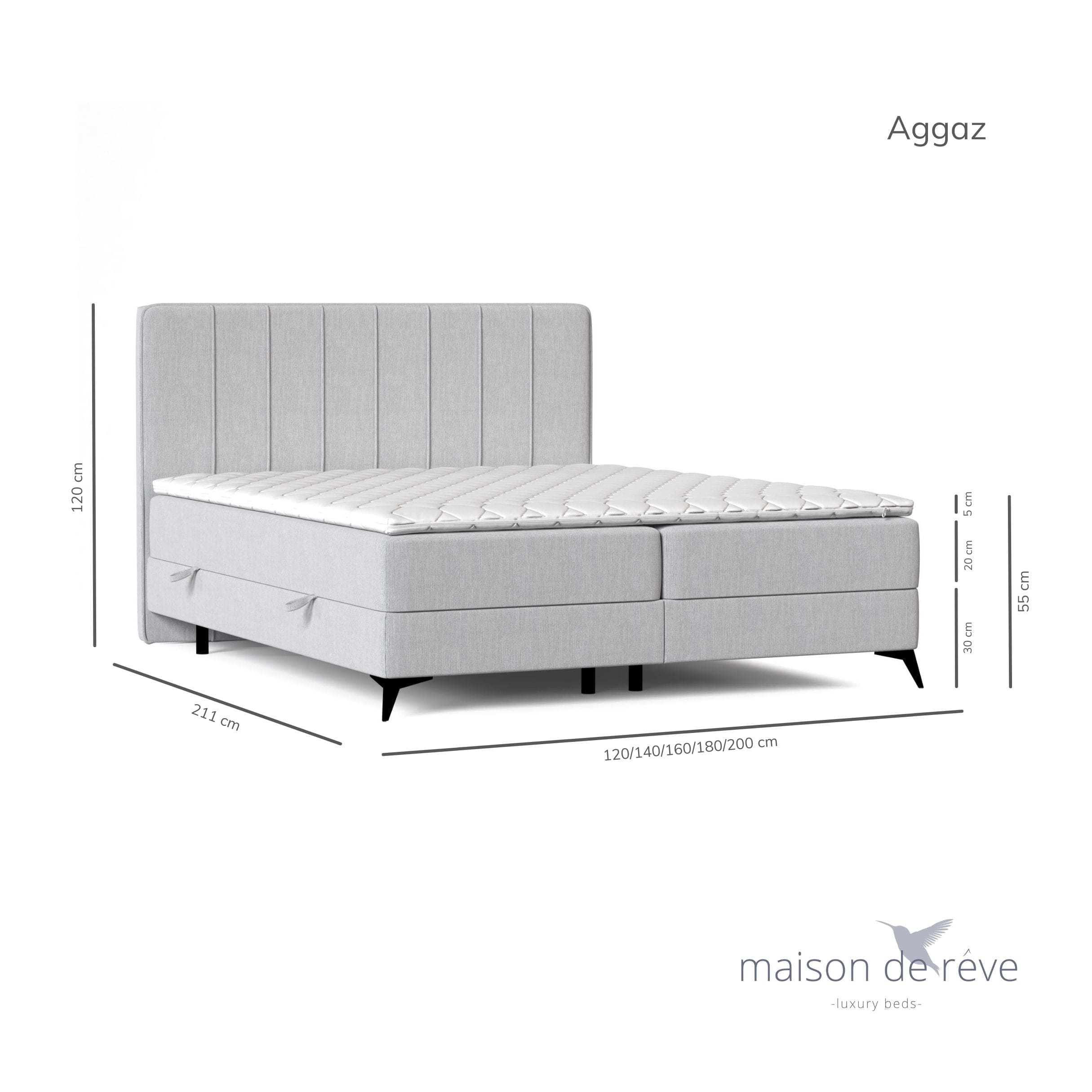 Pat rabatabil cu lada de depozitare, tapitat cu stofa, Aggaz Boxspring Gri Deschis (6)