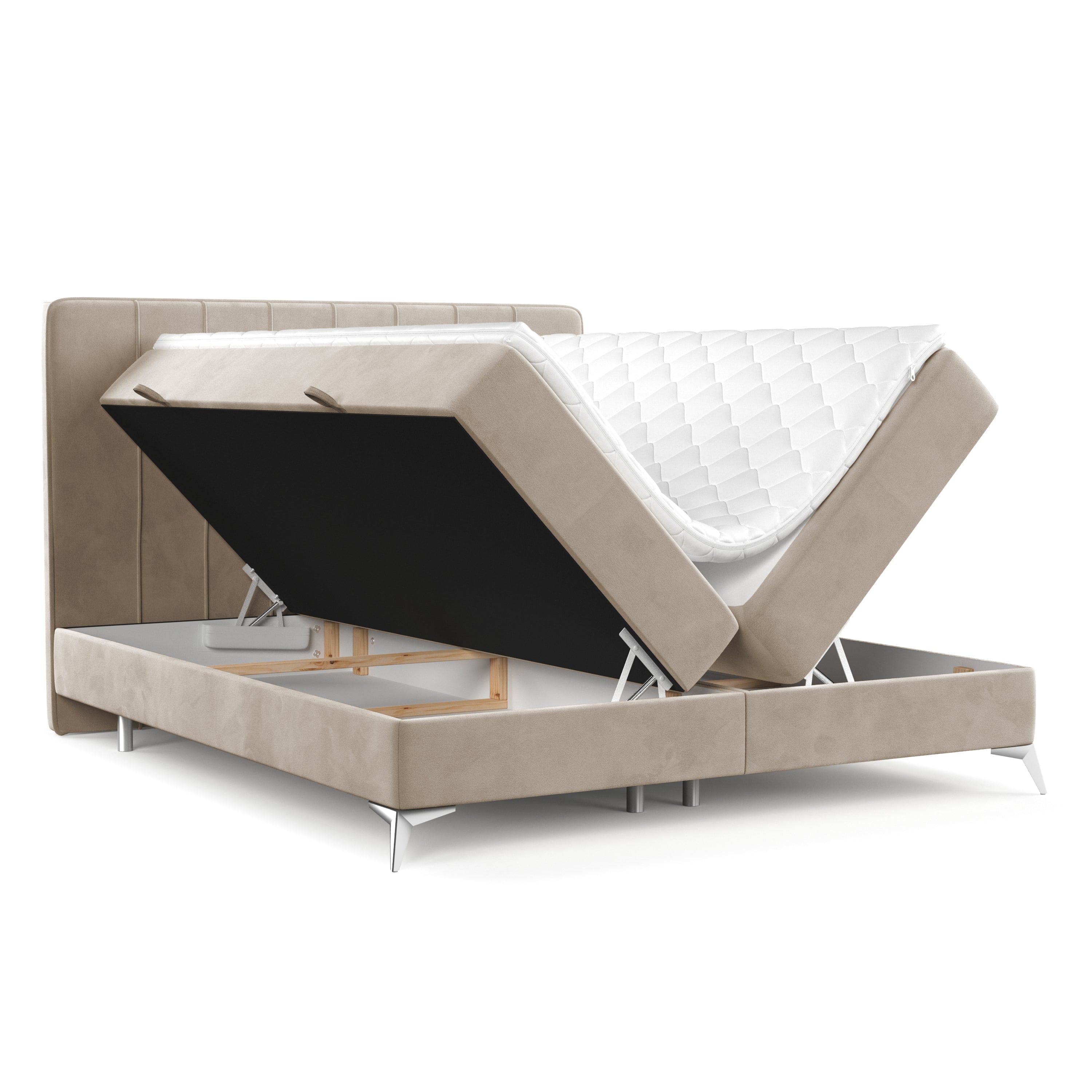 Pat rabatabil cu lada de depozitare, tapitat cu stofa, Aggaz Boxspring Velvet Bej (1)