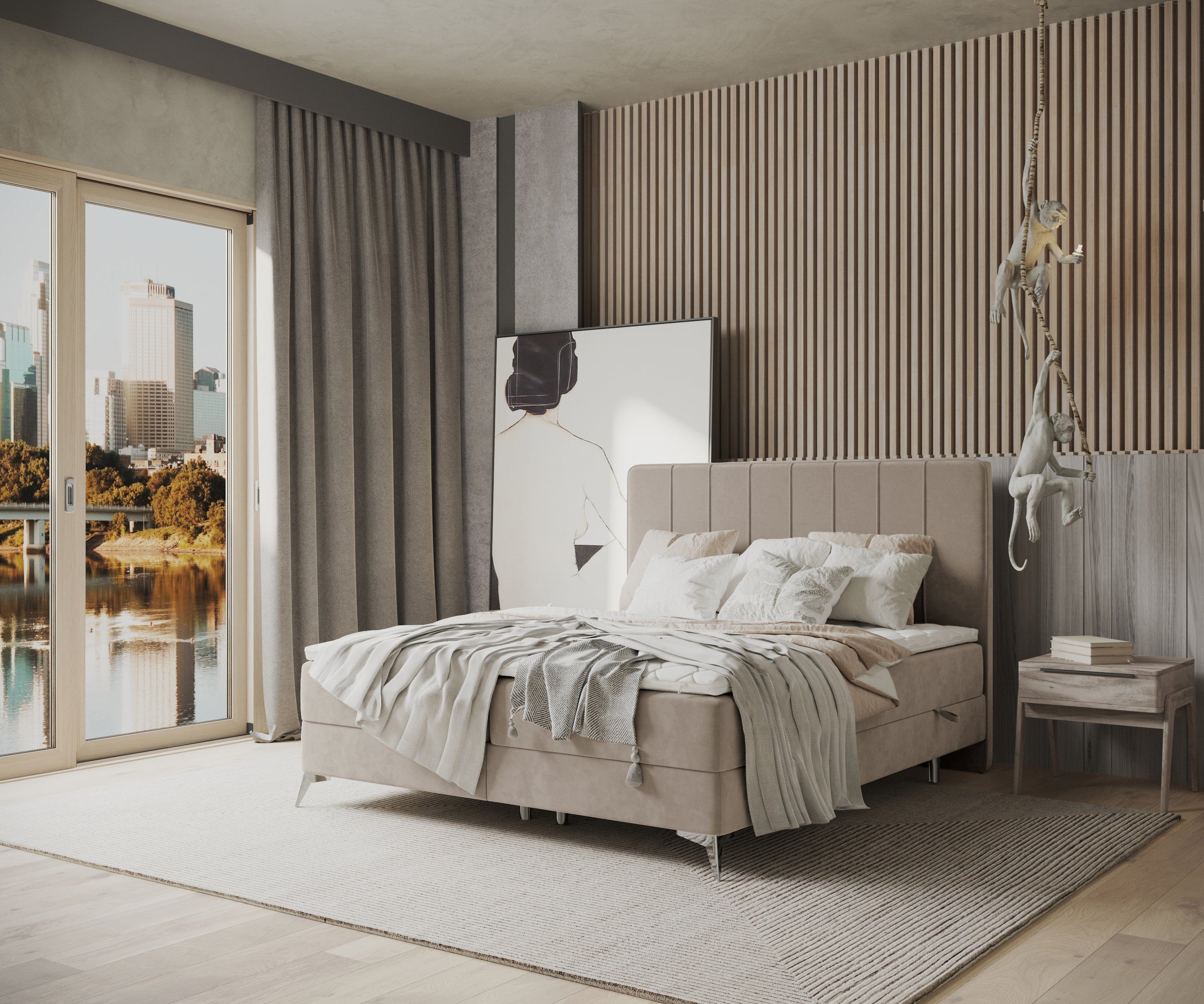 Pat rabatabil cu lada de depozitare, tapitat cu stofa, Aggaz Boxspring Velvet Bej (2)