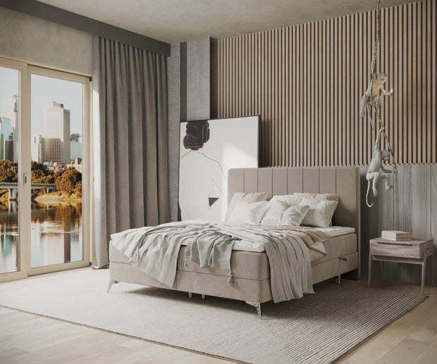 Pat rabatabil cu lada de depozitare, tapitat cu stofa, Aggaz Boxspring Velvet Bej (2)