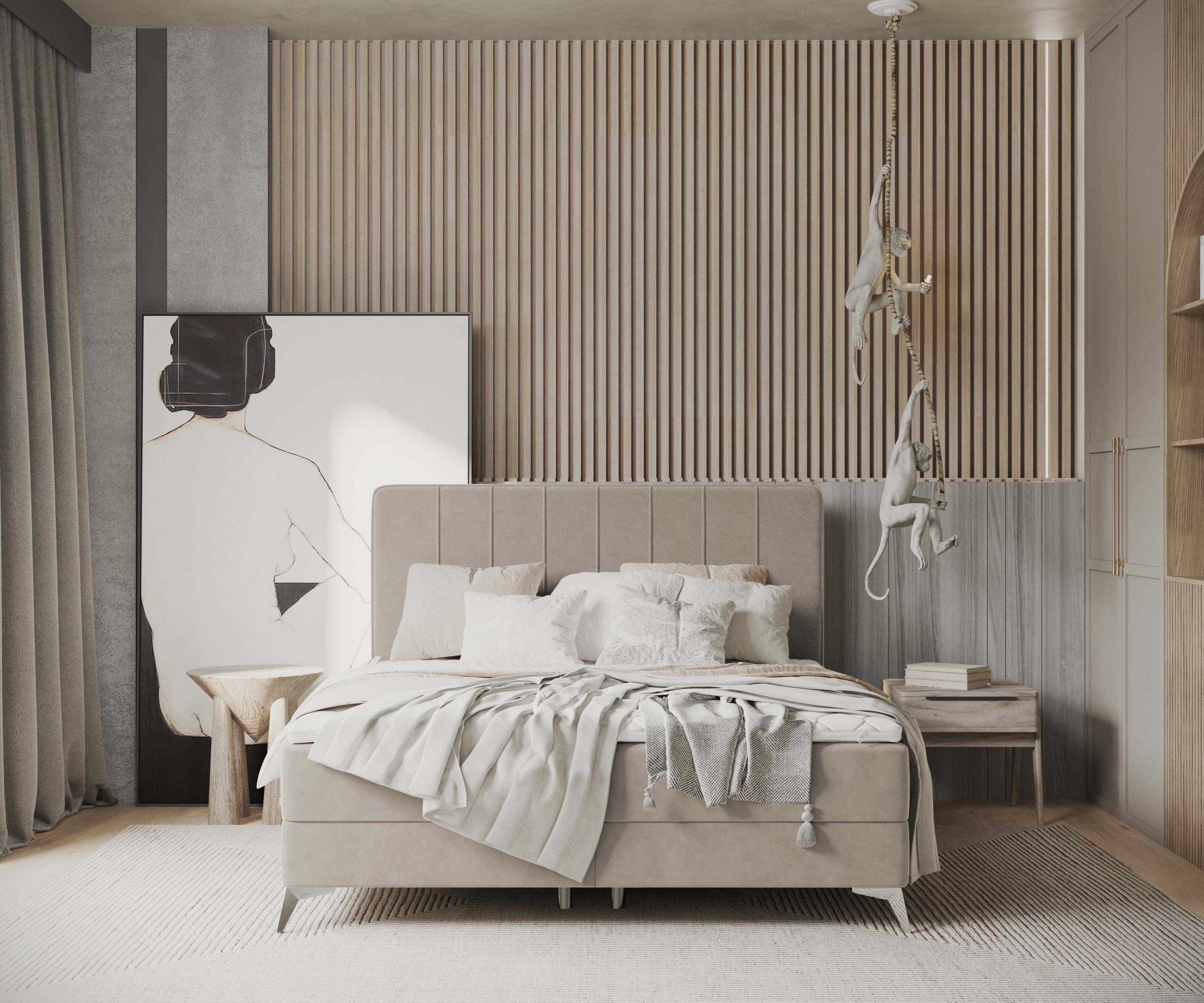 Pat rabatabil cu lada de depozitare, tapitat cu stofa, Aggaz Boxspring Velvet Bej (3)