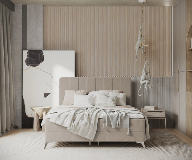 Pat rabatabil cu lada de depozitare, tapitat cu stofa, Aggaz Boxspring Velvet Bej (3)