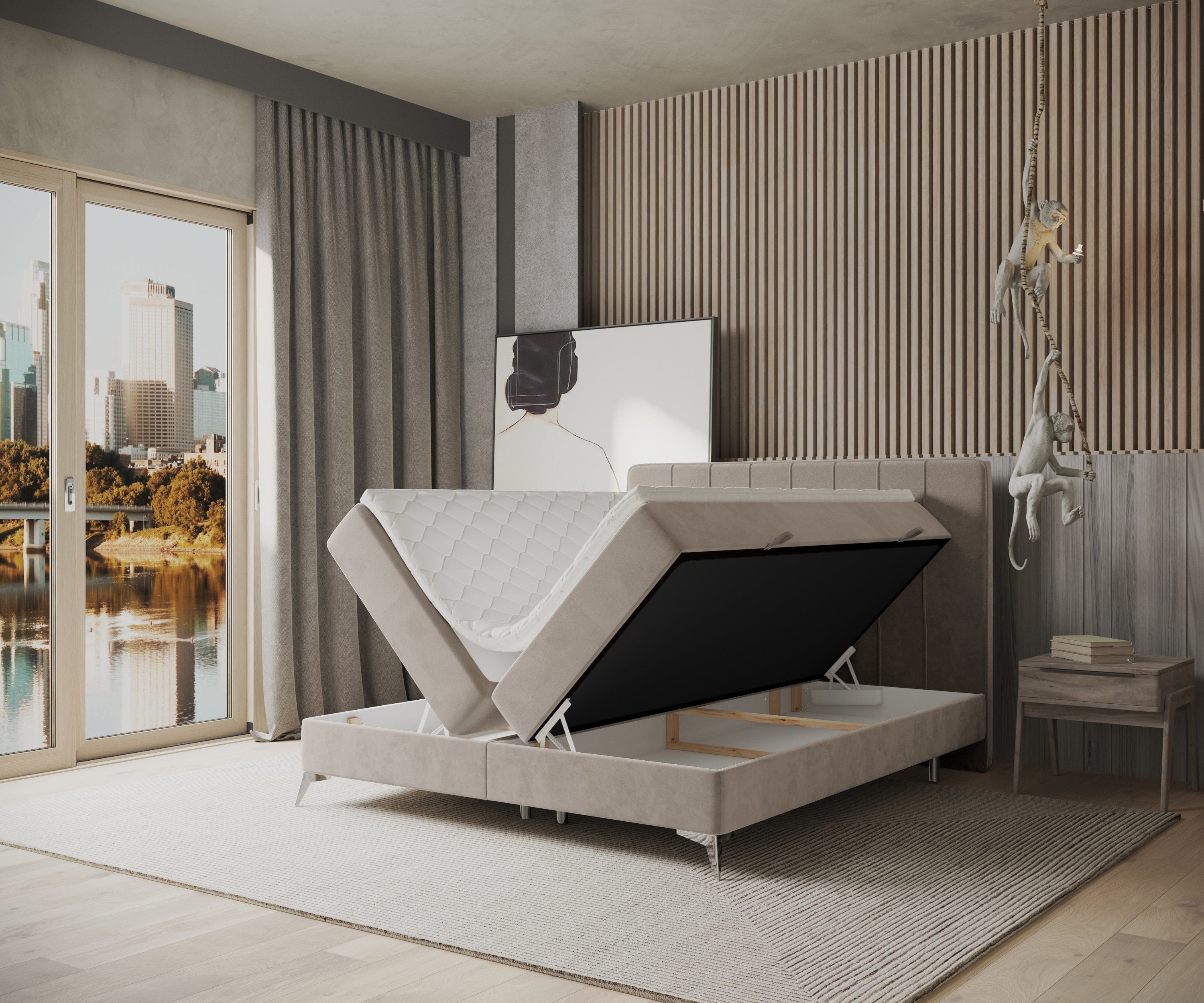 Pat rabatabil cu lada de depozitare, tapitat cu stofa, Aggaz Boxspring Velvet Bej (4)