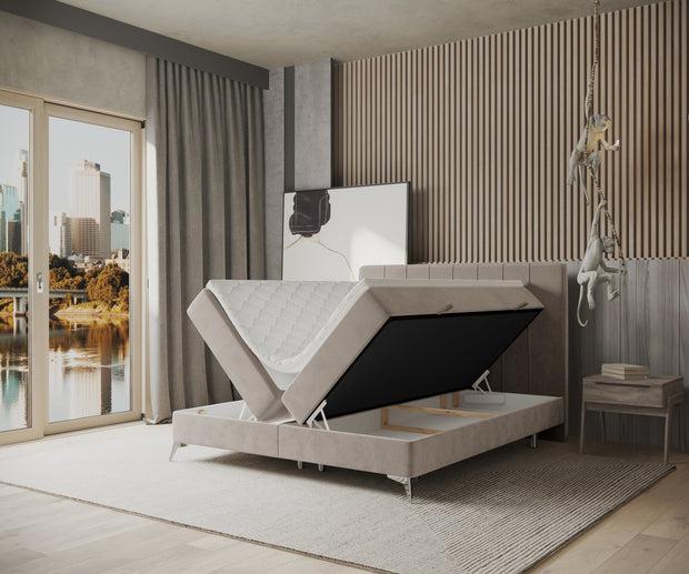 Pat rabatabil cu lada de depozitare, tapitat cu stofa, Aggaz Boxspring Velvet Bej (4)