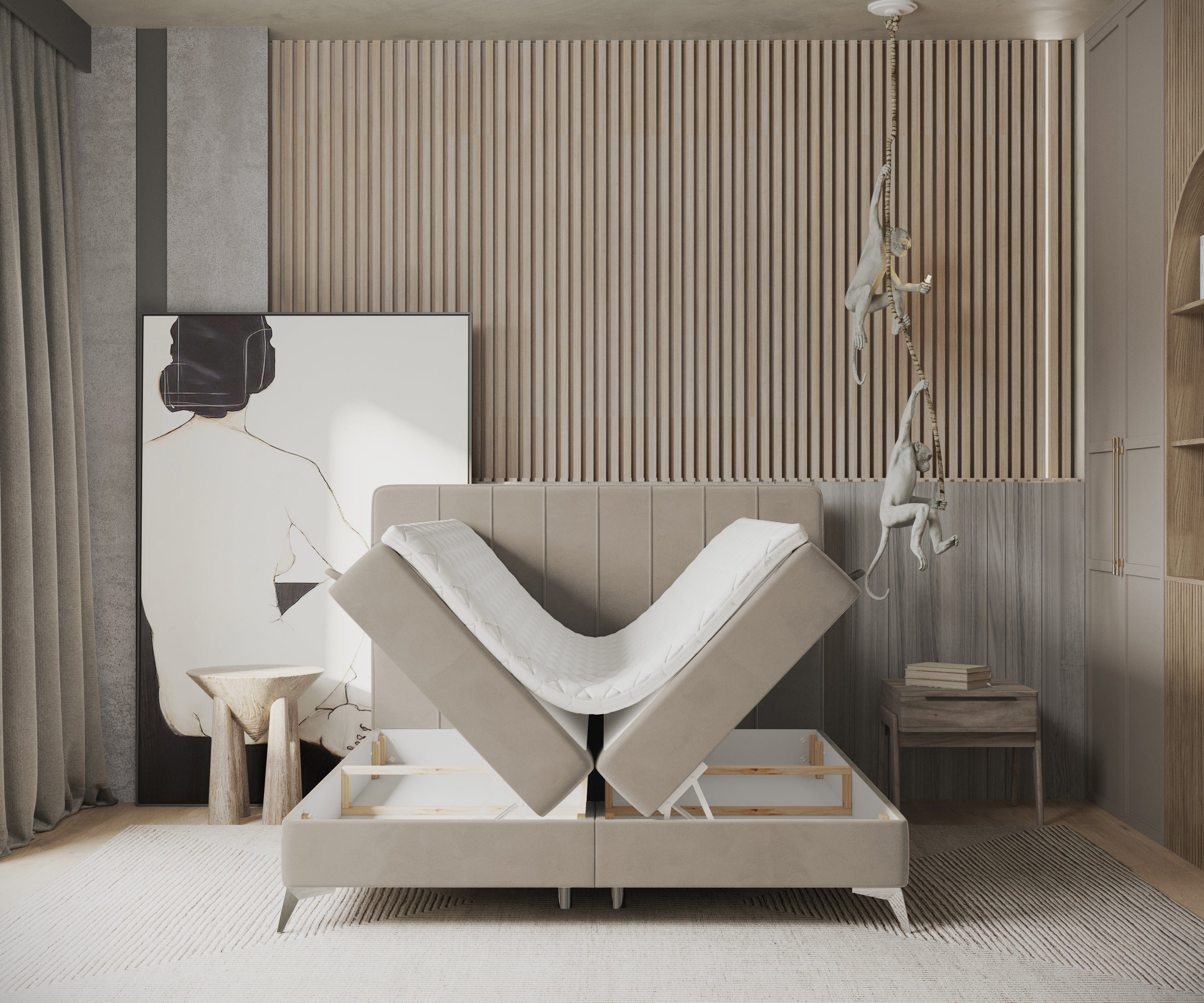 Pat rabatabil cu lada de depozitare, tapitat cu stofa, Aggaz Boxspring Velvet Bej (5)