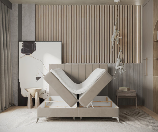 Pat rabatabil cu lada de depozitare, tapitat cu stofa, Aggaz Boxspring Velvet Bej (5)