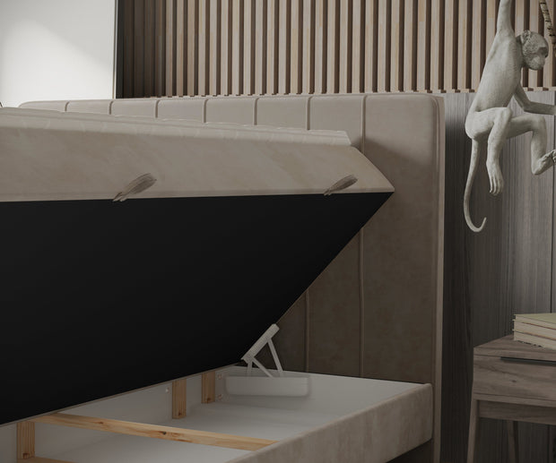 Pat rabatabil cu lada de depozitare, tapitat cu stofa, Aggaz Boxspring Velvet Bej (6)