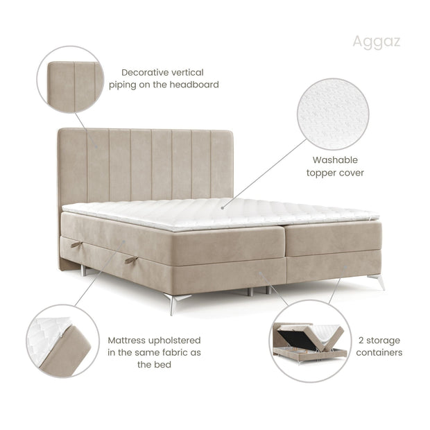 Pat rabatabil cu lada de depozitare, tapitat cu stofa, Aggaz Boxspring Velvet Bej (8)