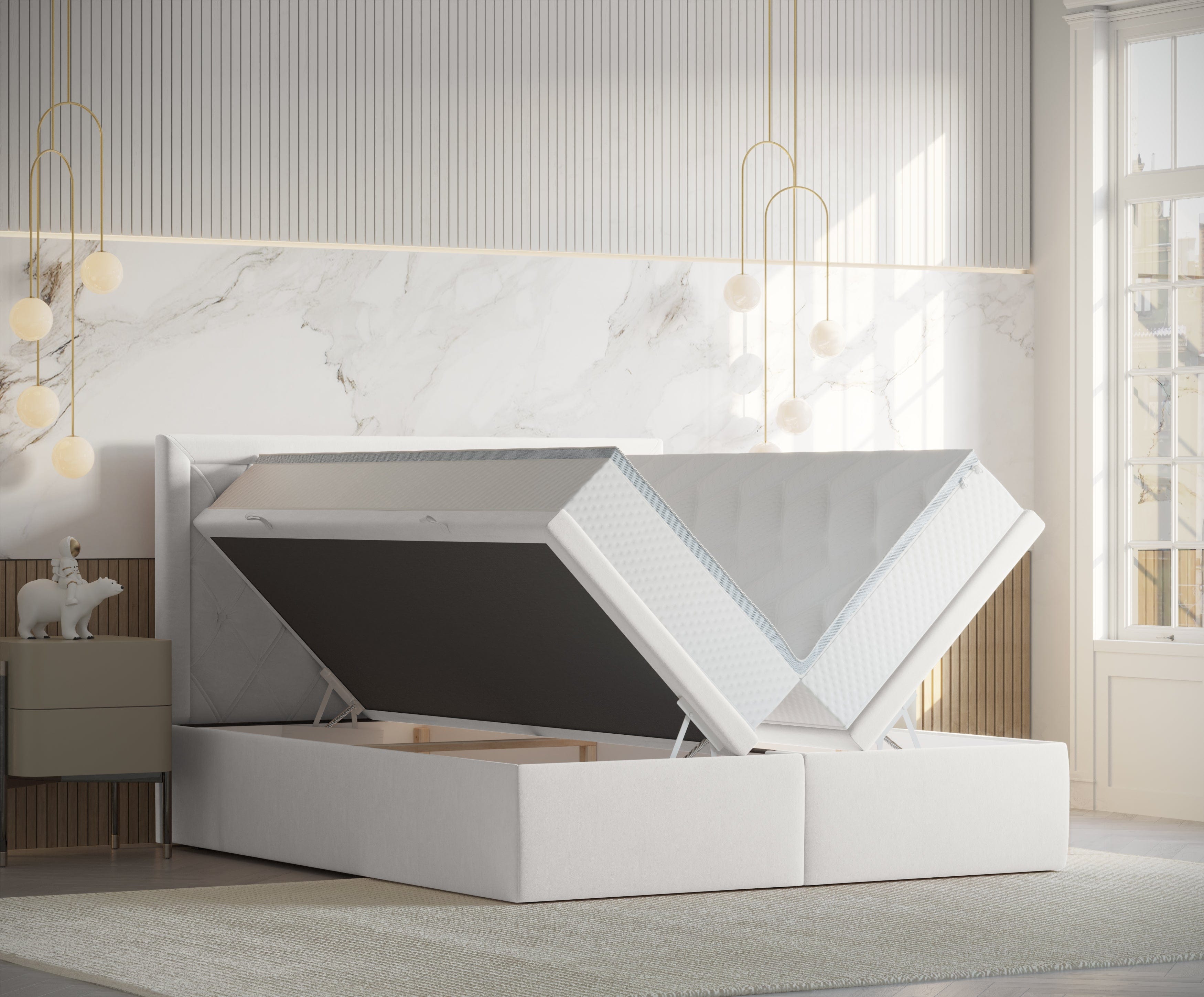 Pat rabatabil cu lada de depozitare, tapitat cu stofa, Ample Velvet Alb (2)