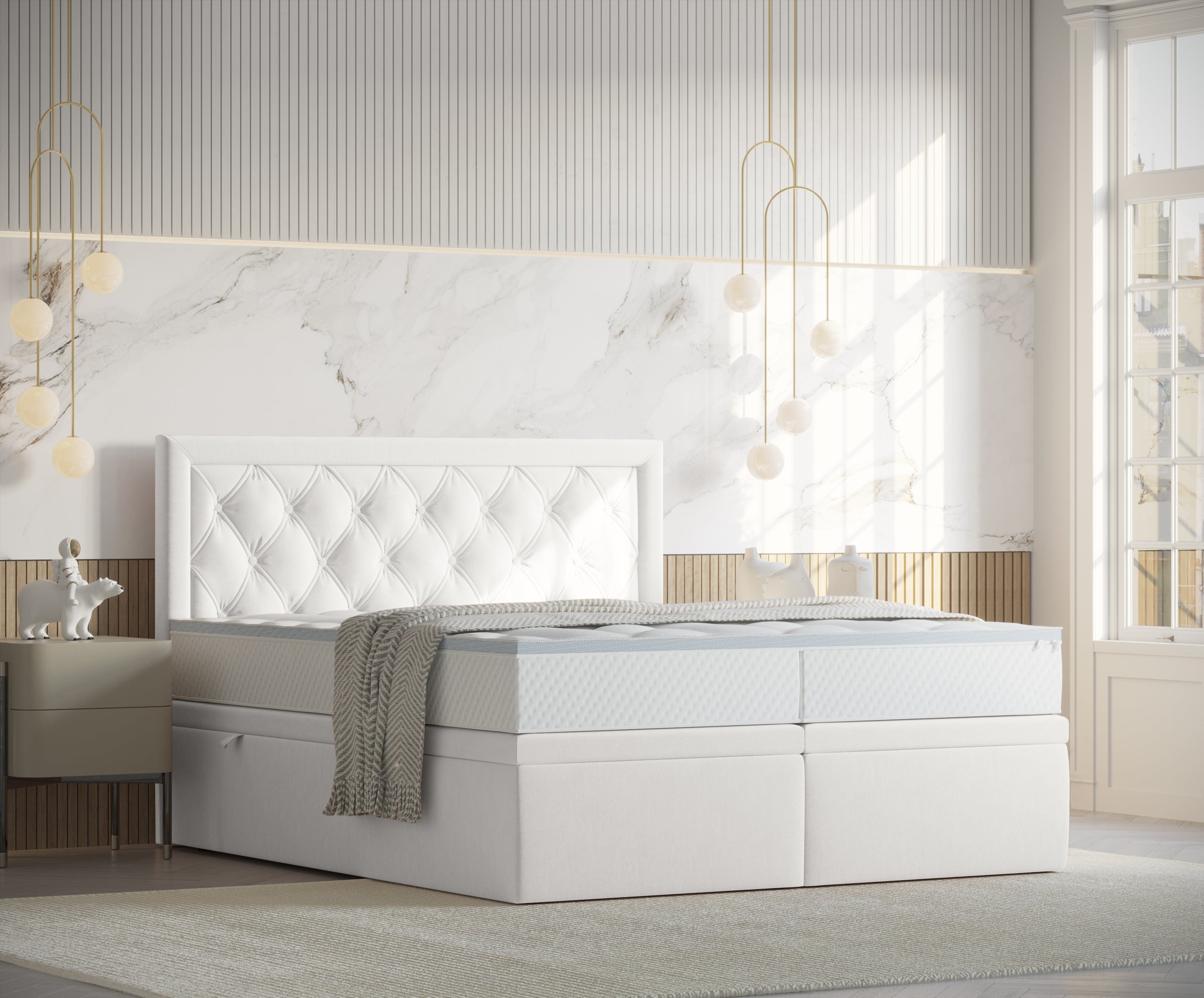 Pat rabatabil cu lada de depozitare, tapitat cu stofa, Ample Velvet Alb (5)