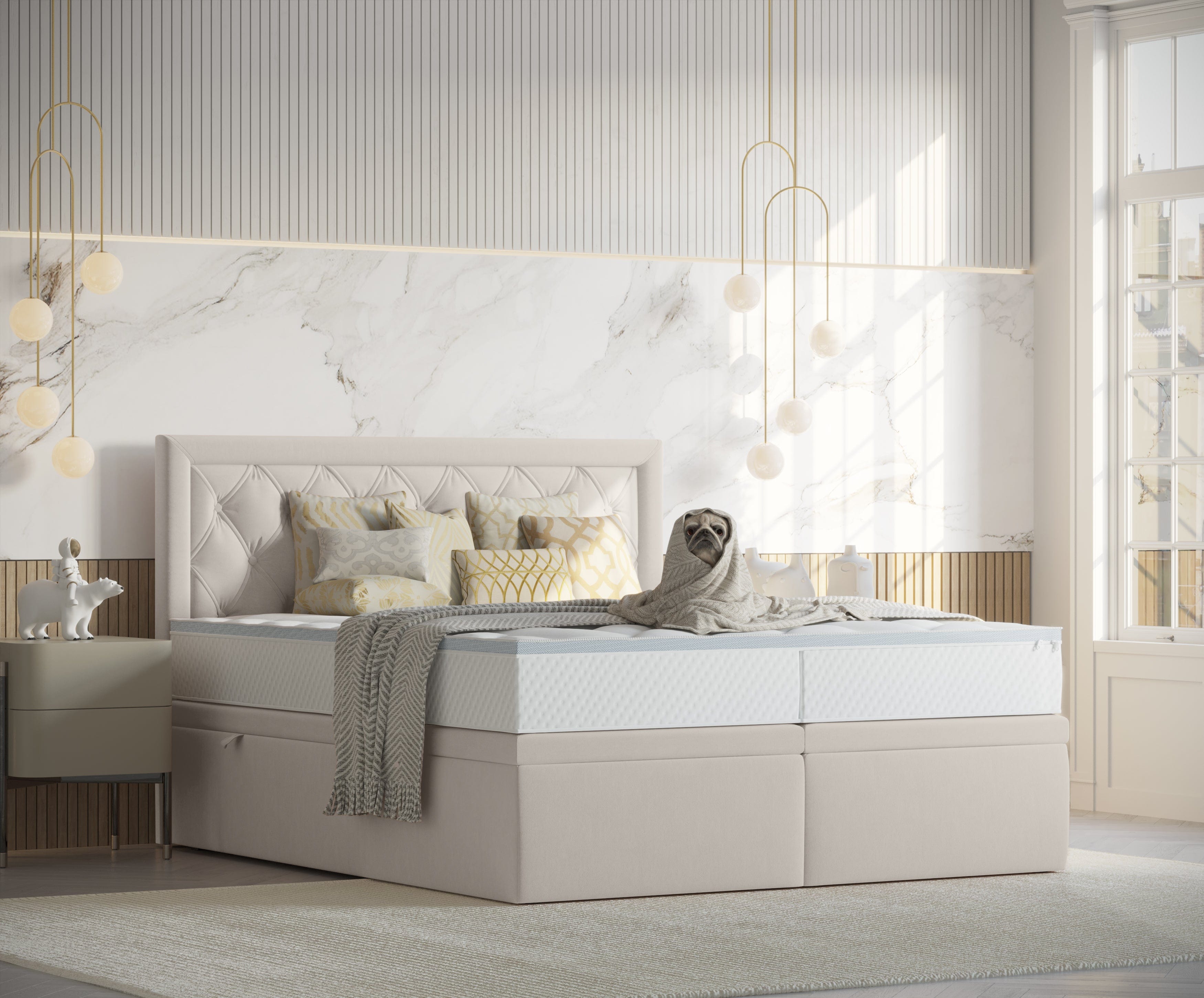 Pat rabatabil cu lada de depozitare, tapitat cu stofa, Ample Velvet Bej Deschis (3)