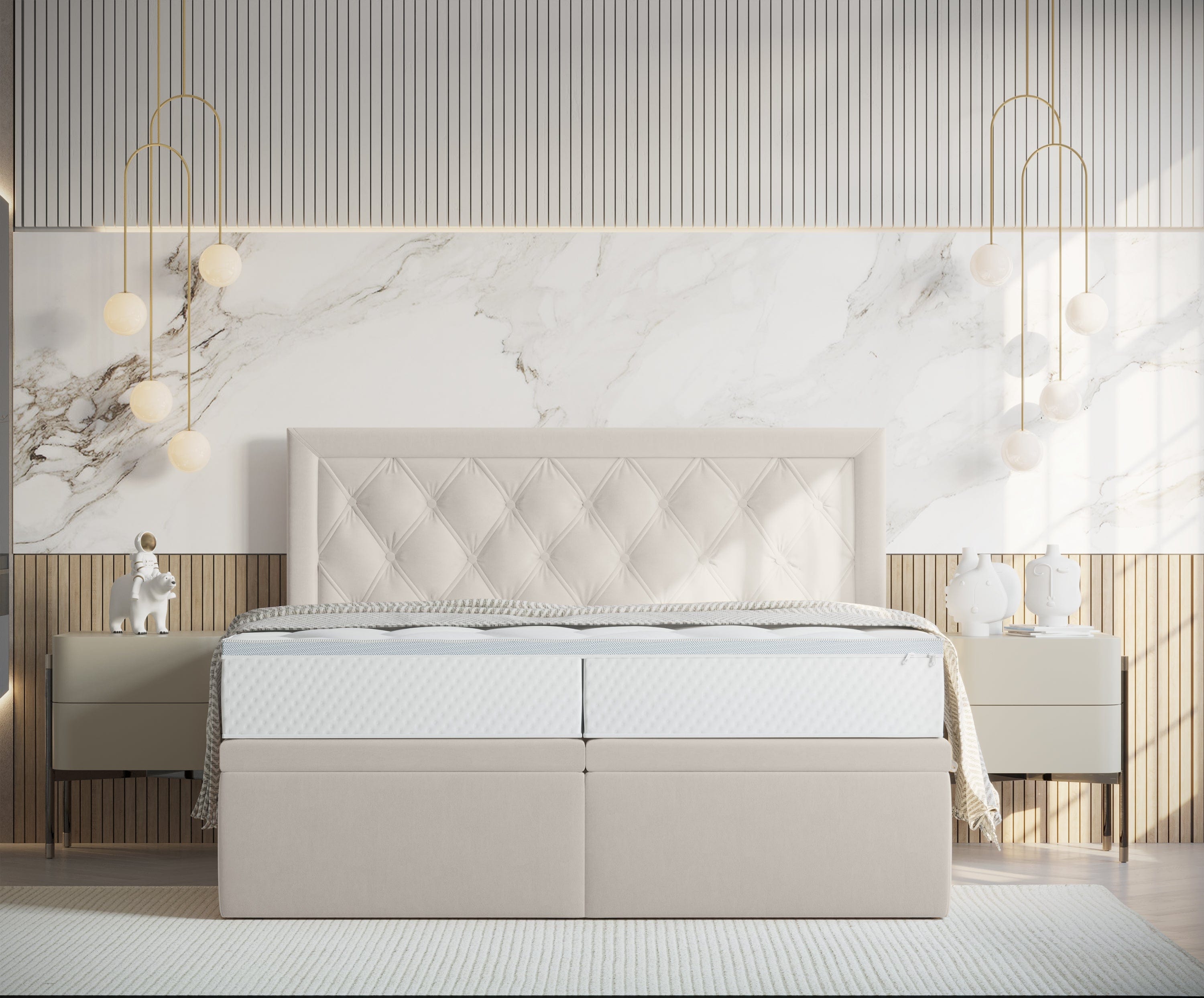 Pat rabatabil cu lada de depozitare, tapitat cu stofa, Ample Velvet Bej Deschis (4)