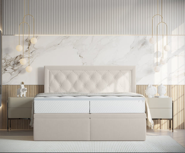 Pat rabatabil cu lada de depozitare, tapitat cu stofa, Ample Velvet Bej Deschis (4)