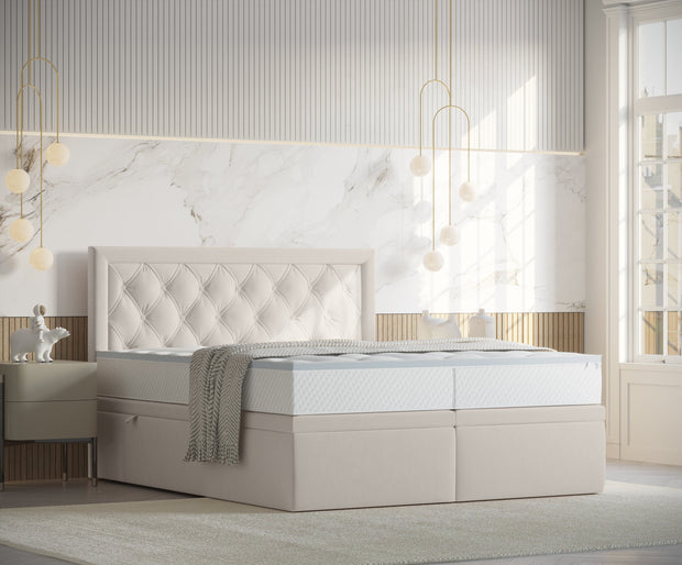 Pat rabatabil cu lada de depozitare, tapitat cu stofa, Ample Velvet Bej Deschis (5)