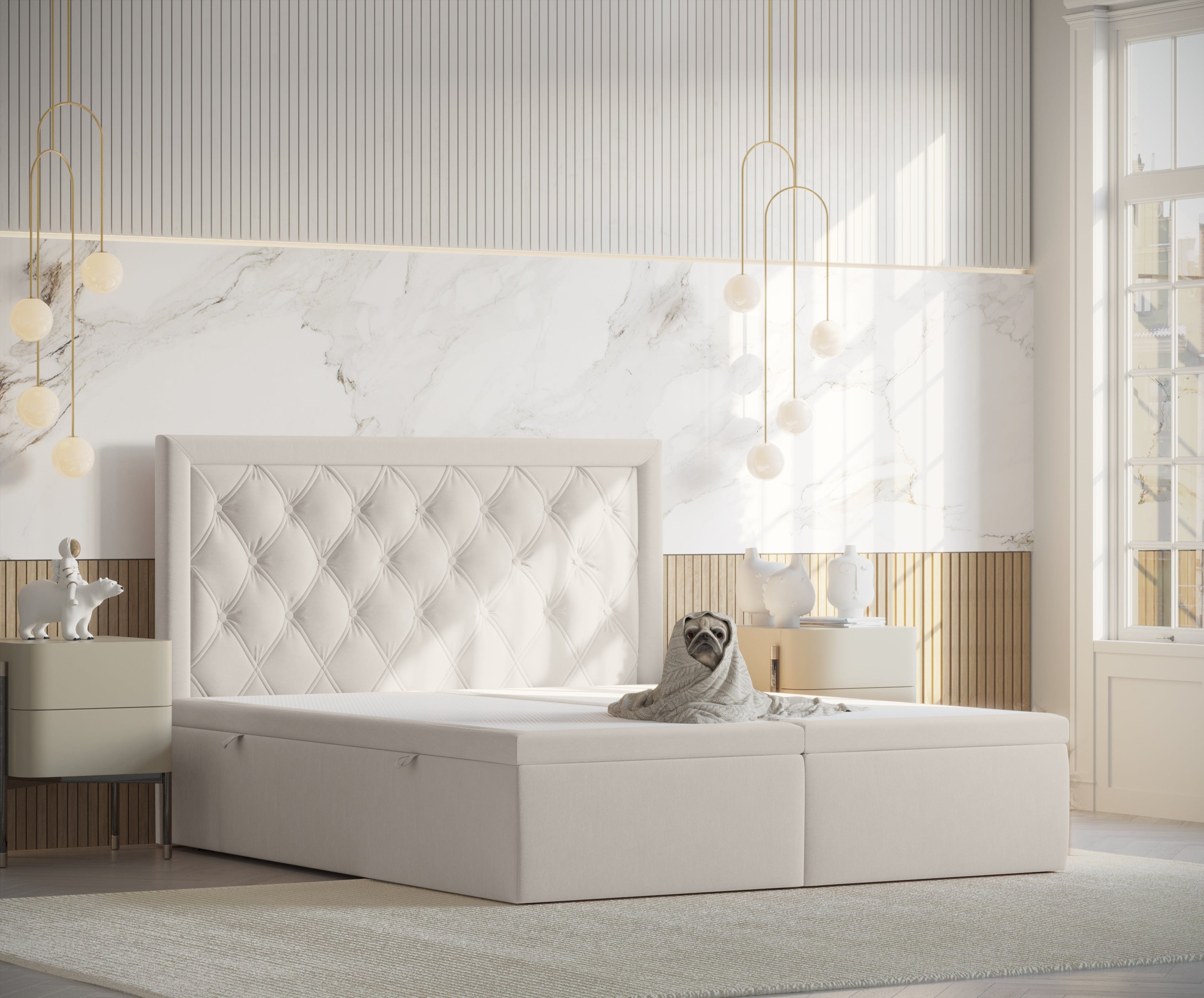 Pat rabatabil cu lada de depozitare, tapitat cu stofa, Ample Velvet Bej Deschis (6)