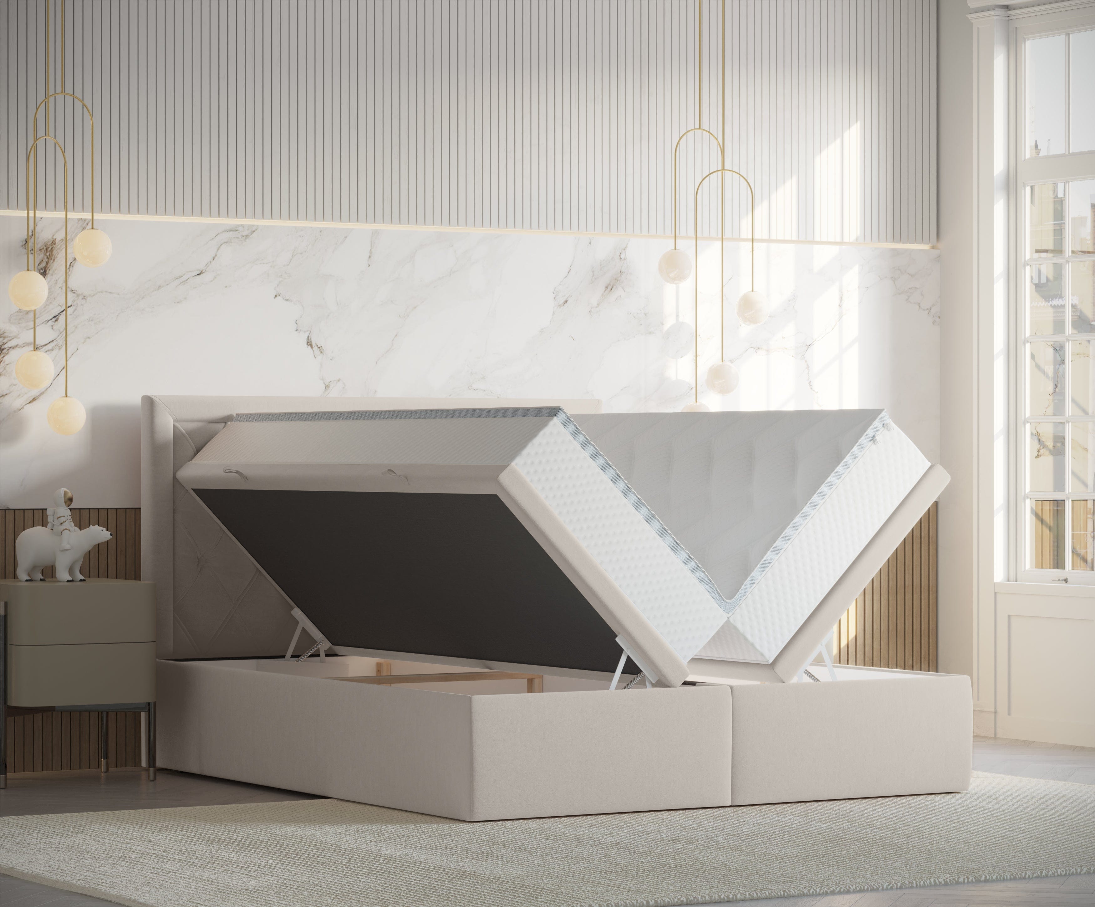 Pat rabatabil cu lada de depozitare, tapitat cu stofa, Ample Velvet Bej Deschis (7)