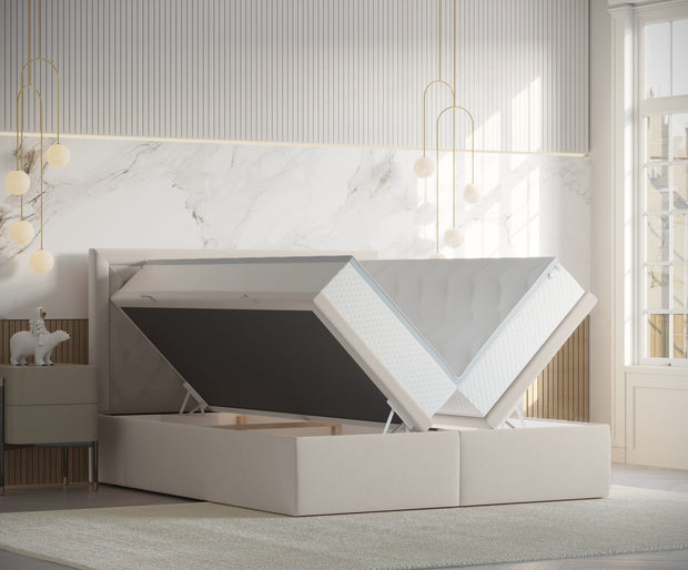 Pat rabatabil cu lada de depozitare, tapitat cu stofa, Ample Velvet Bej Deschis (7)