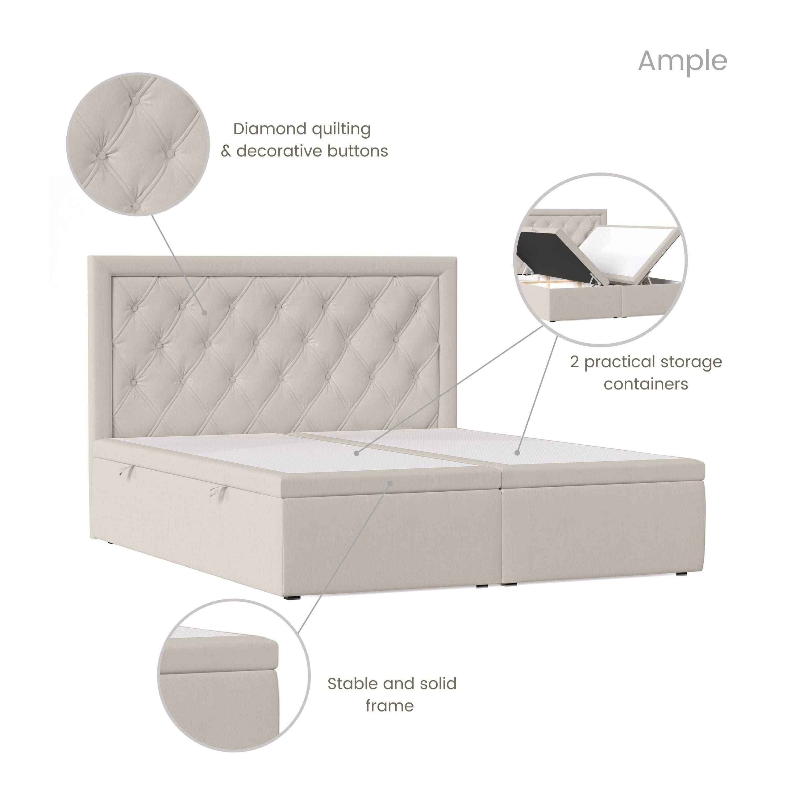 Johnsonstyle Pat rabatabil cu lada de depozitare, tapitat cu stofa, Ample Velvet Bej Deschis