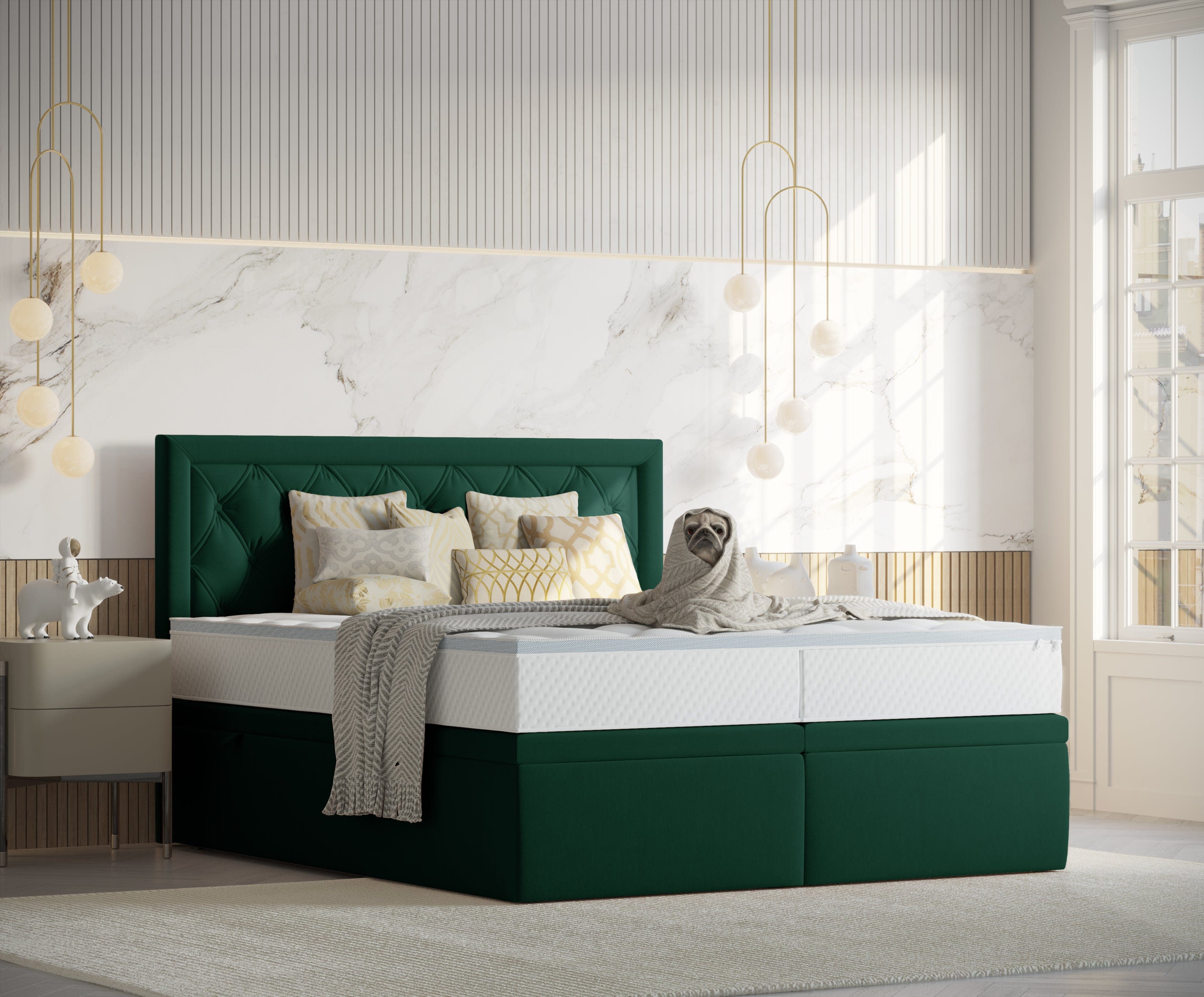 Pat rabatabil cu lada de depozitare, tapitat cu stofa, Ample Velvet Verde Inchis (3)