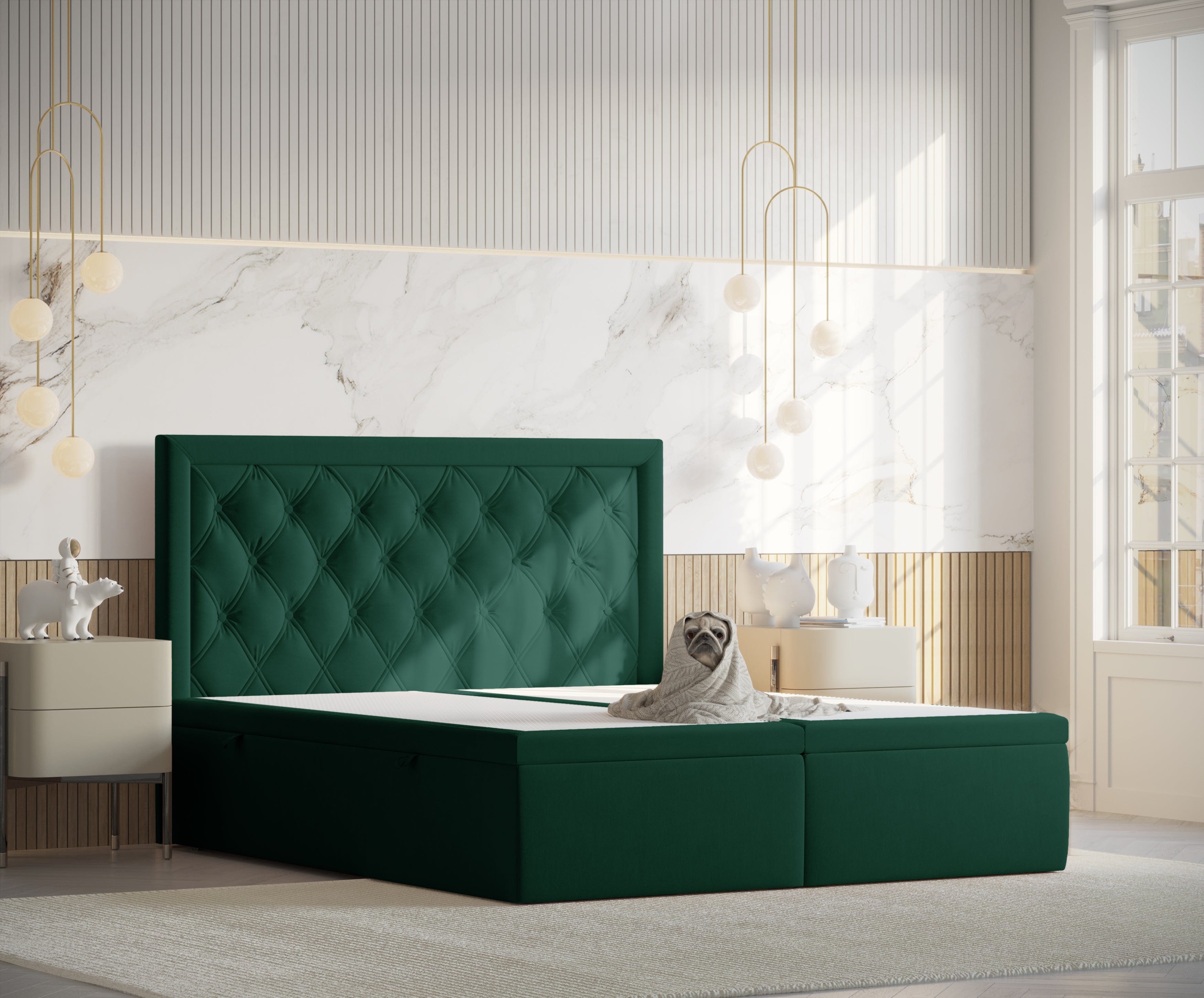 Pat rabatabil cu lada de depozitare, tapitat cu stofa, Ample Velvet Verde Inchis (6)