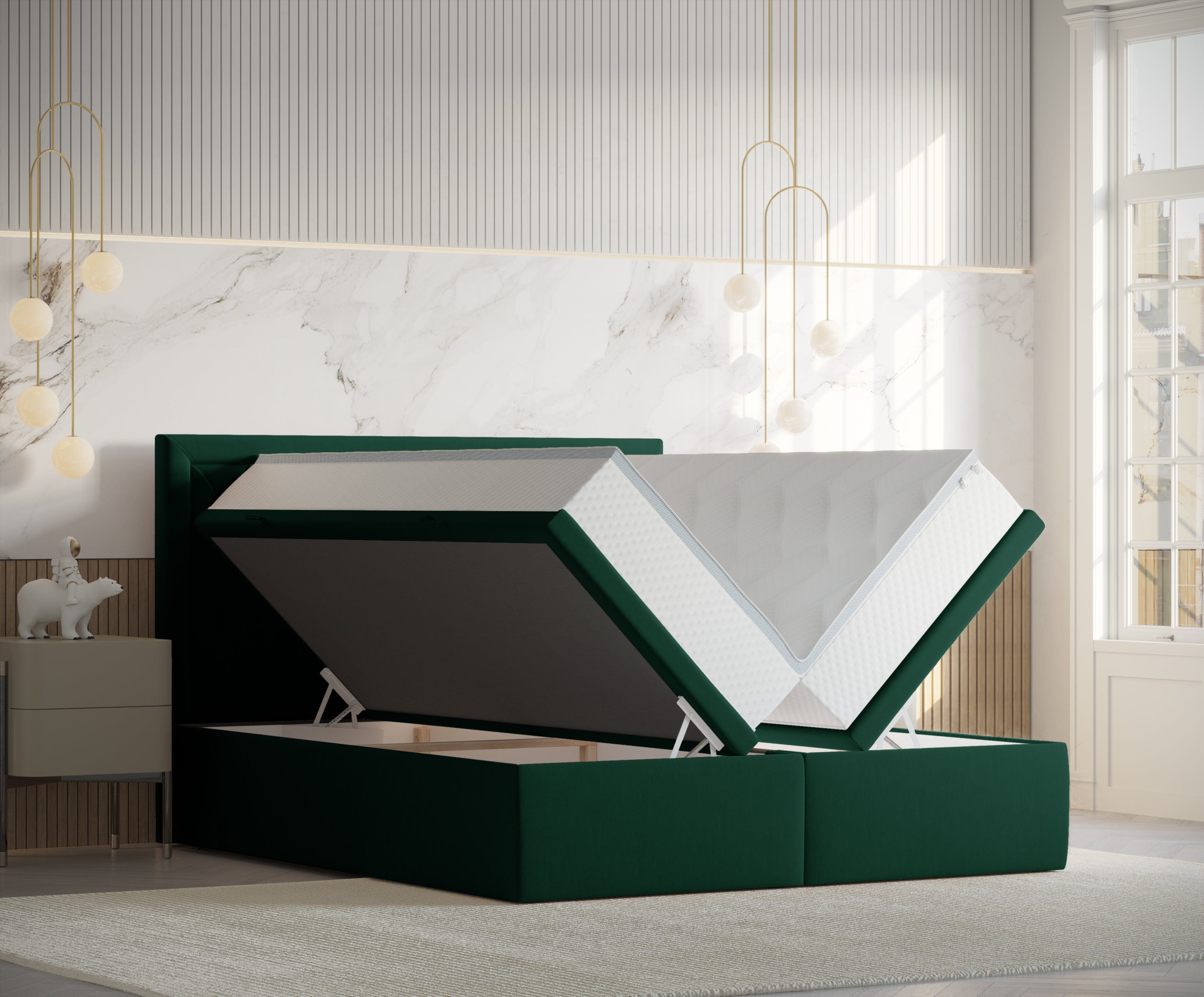 Pat rabatabil cu lada de depozitare, tapitat cu stofa, Ample Velvet Verde Inchis (7)