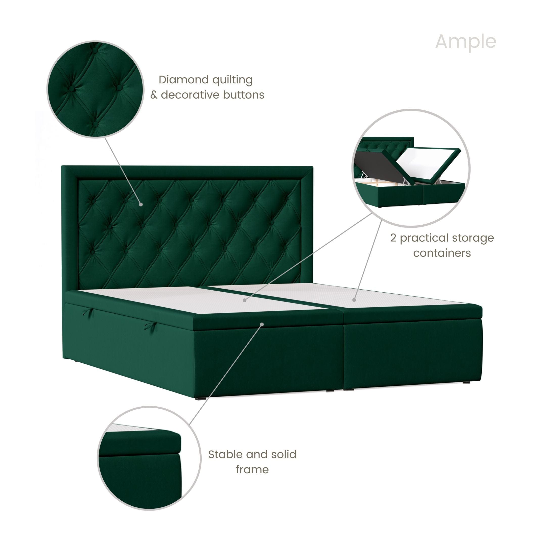 Pat rabatabil cu lada de depozitare, tapitat cu stofa, Ample Velvet Verde Inchis (9)