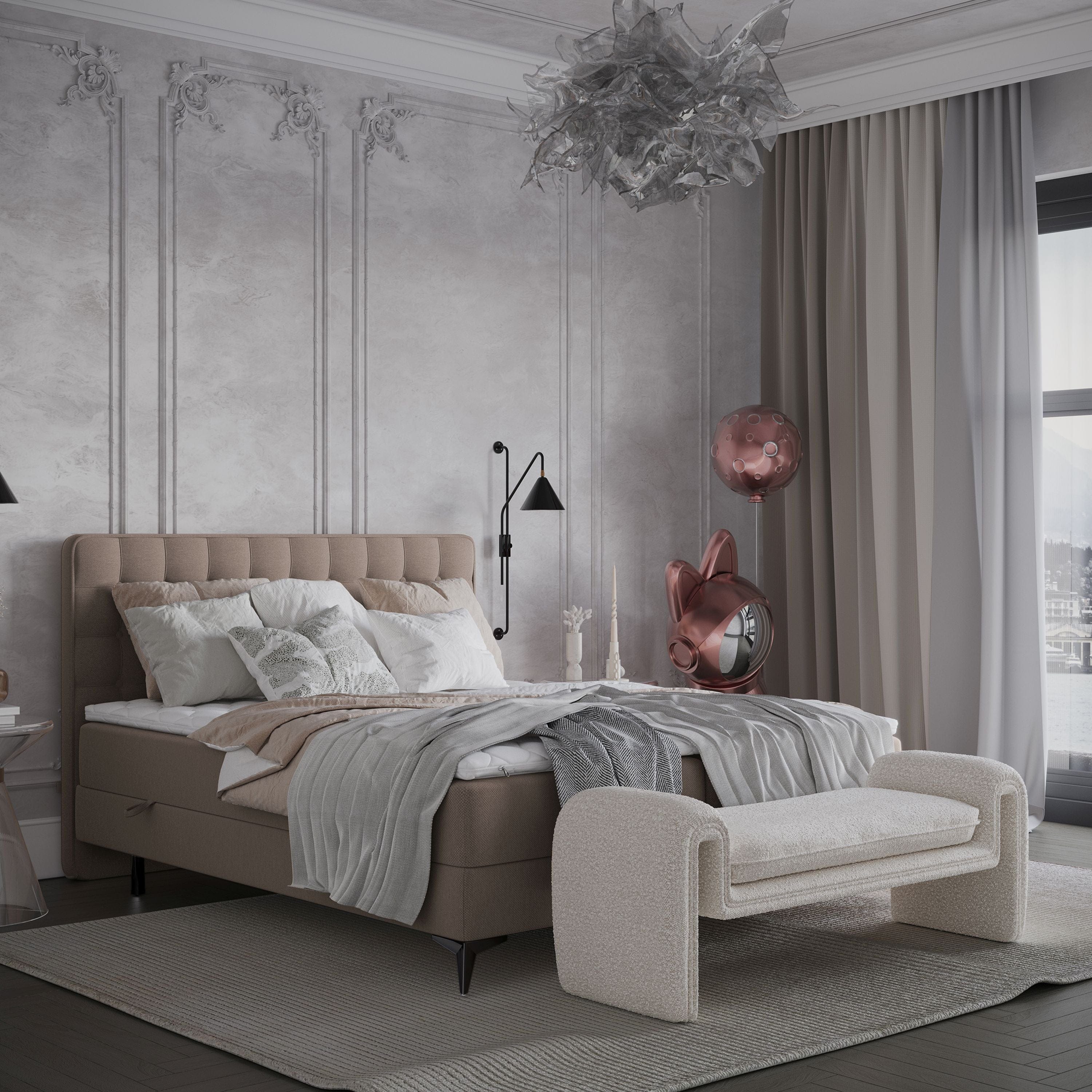 Pat rabatabil cu lada de depozitare, tapitat cu stofa, Annakie Boxspring Bej (3)