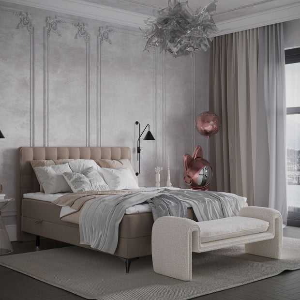Pat rabatabil cu lada de depozitare, tapitat cu stofa, Annakie Boxspring Bej (3)