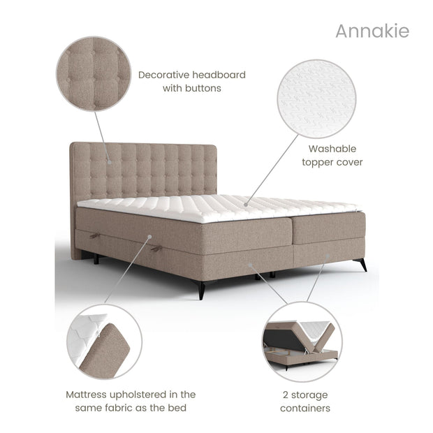 Pat rabatabil cu lada de depozitare, tapitat cu stofa, Annakie Boxspring Bej (8)
