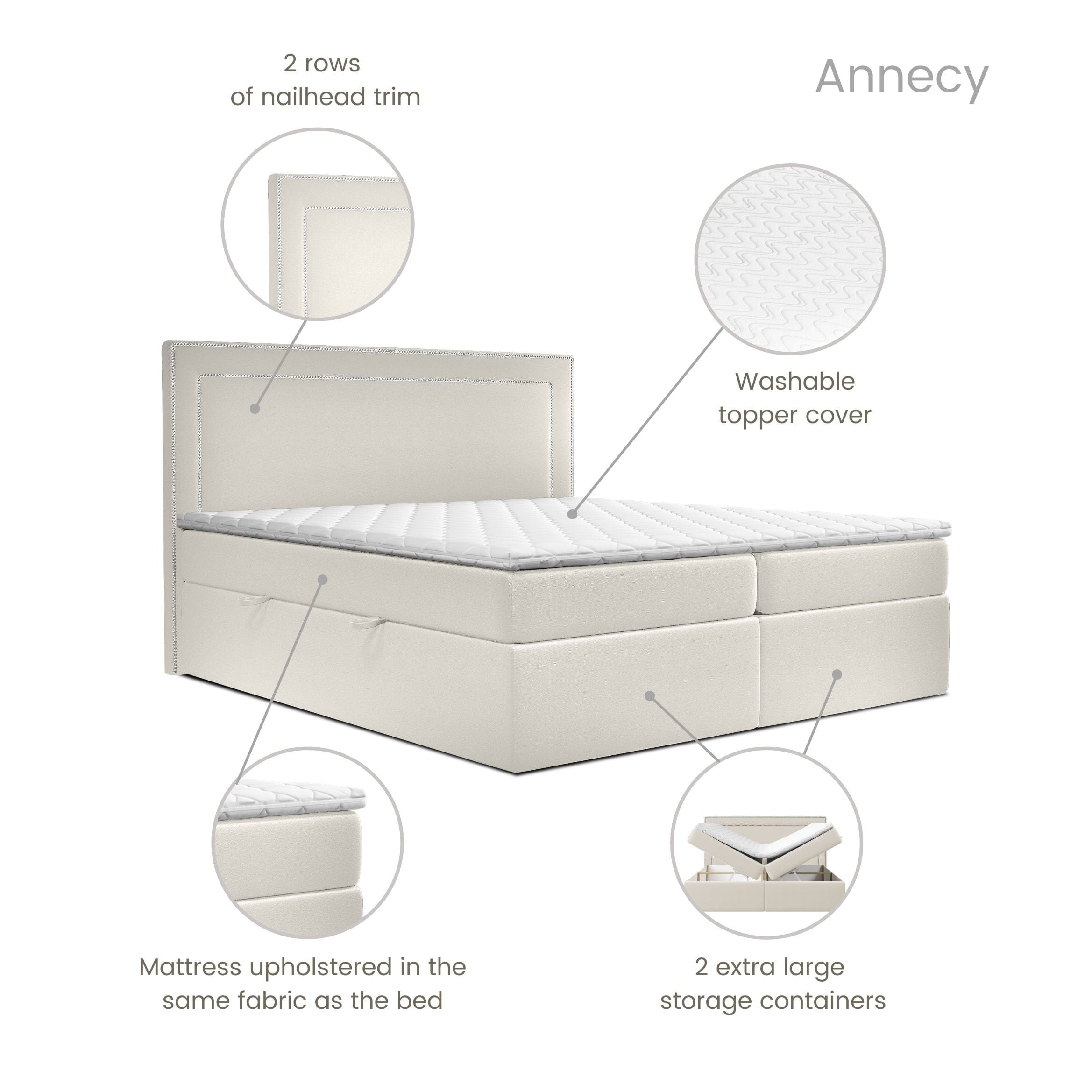 Pat rabatabil cu lada de depozitare, tapitat cu stofa, Annecy Boxspring Velvet Bej (5)