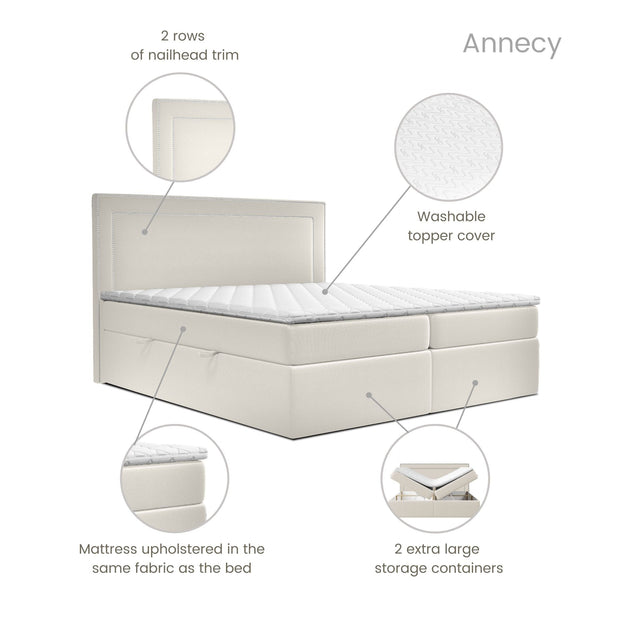 Pat rabatabil cu lada de depozitare, tapitat cu stofa, Annecy Boxspring Velvet Bej (5)