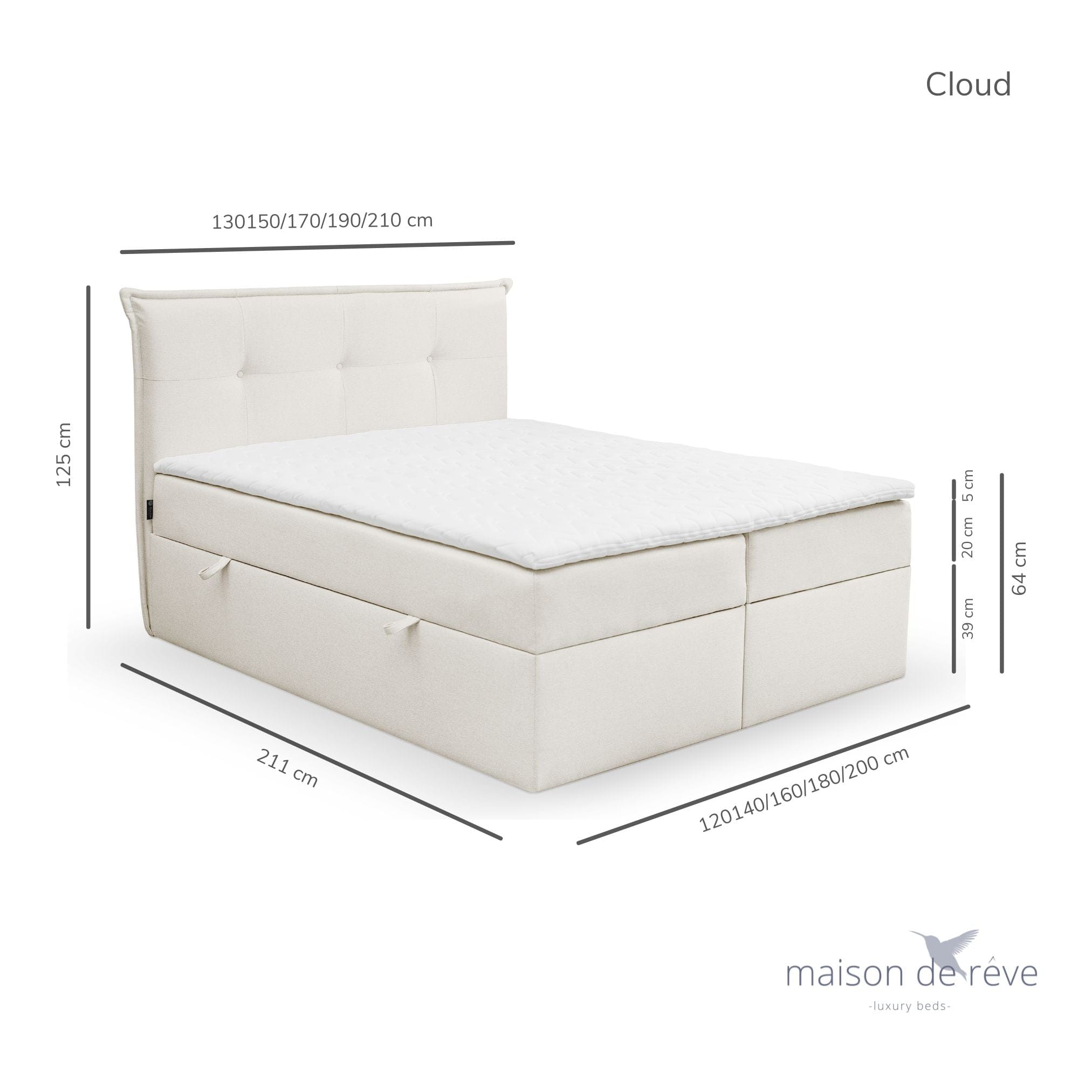 Pat rabatabil cu lada de depozitare, tapitat cu stofa, Cloud Boxspring Ecru (3)