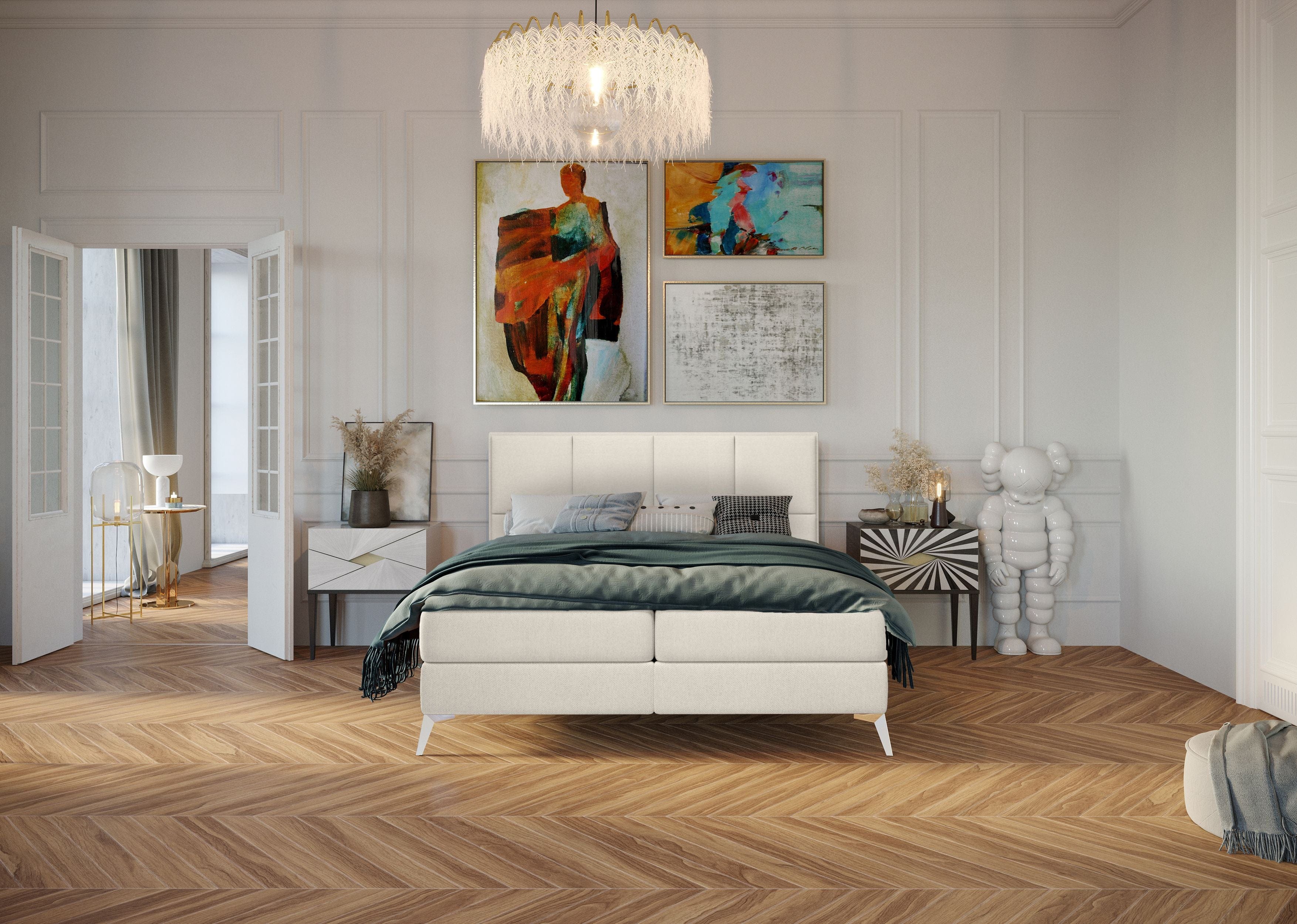 Pat rabatabil cu lada de depozitare, tapitat cu stofa, Cube Boxspring Ecru (1)