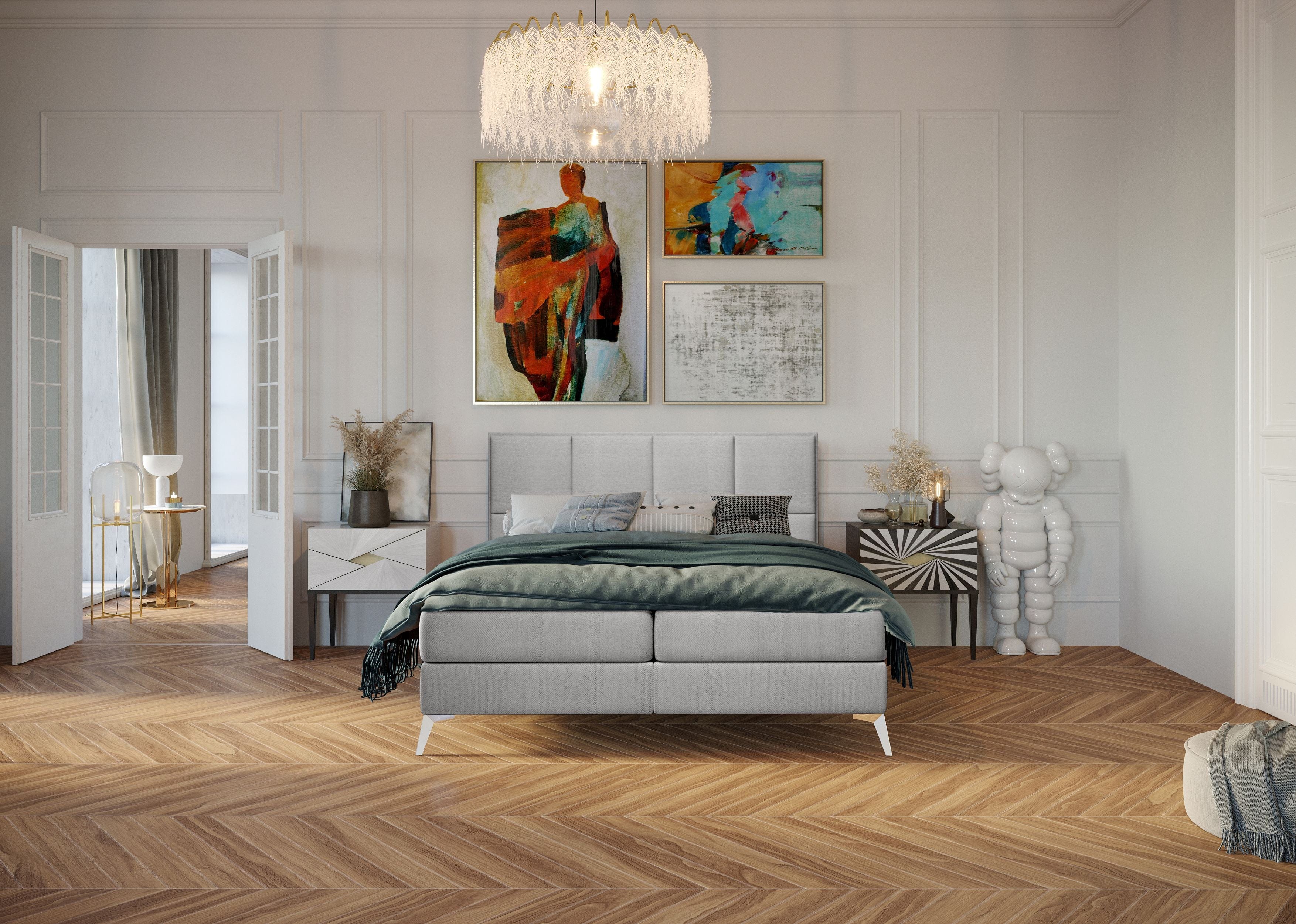 Pat rabatabil cu lada de depozitare, tapitat cu stofa, Cube Boxspring Gri (1)