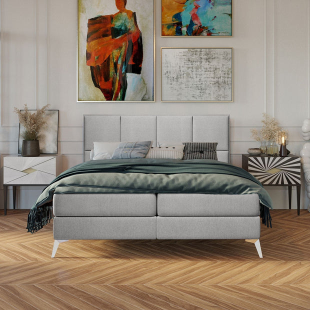 Pat rabatabil cu lada de depozitare, tapitat cu stofa, Cube Boxspring Gri (5)