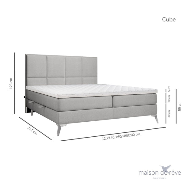 Pat rabatabil cu lada de depozitare, tapitat cu stofa, Cube Boxspring Gri (7)